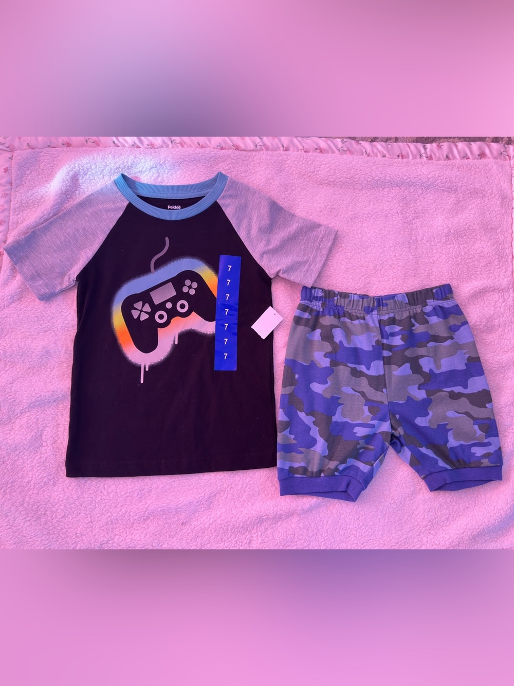 Pekkle Boys Gamer Graphic Tee & Camo Shorts Set - Black, Gray, Blue